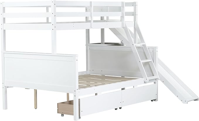 Twin Over Full Bunk Bed with 2 Drawers and Slide, Wood Bunk Bed Frame with Shelves and Ladder, Space Saving Design Bunk Bed for Kids Teens Boys Girls (White-x32c)