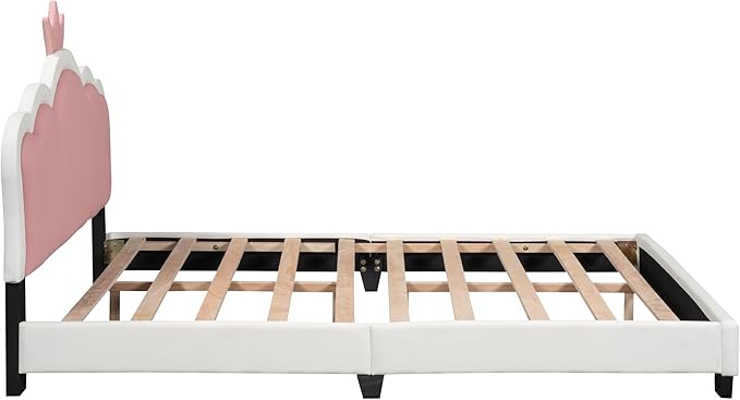 CITYLIGHT Full Size Pink Cute Bed, PU Upholstered Girl's Platform Bed Frame with Crown Headboard, Full Bed Frame for Kids and Teens, White+Pink