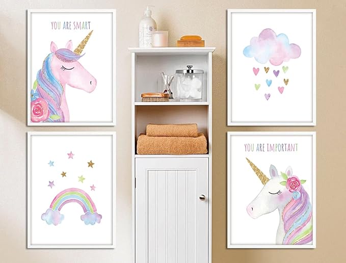 Watercolor Unicorn Nursery Wall Art Girls Room Decor Inspirational Rainbow Flower prints Baby Girls Room Poster Colorful Picture Cute Paintings for Kids Room Lovely Gift (8x10 inch，Set of 4，Unframed)