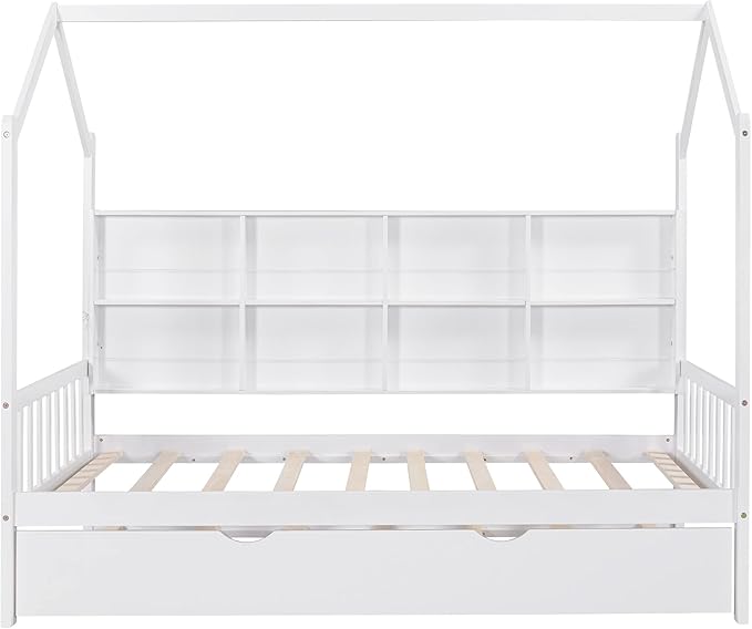Harper & Bright Designs Twin House Bed with Trundle, Wood Kid Beds with Storage Shelves, Twin Platform Bed for Kids, Teens, Solid Wood Structure & House-Shaped, White