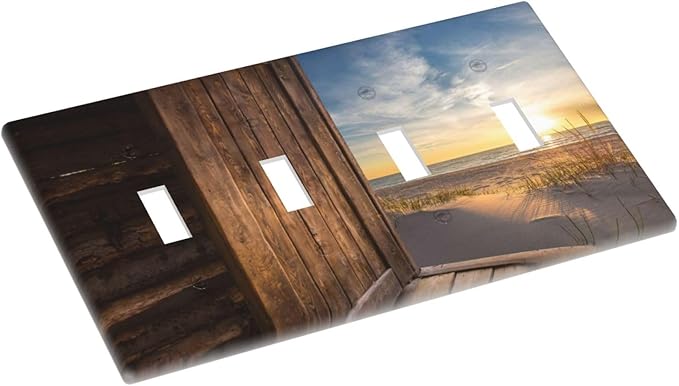 Sun Beach Grass Ocean Landscape Quad Toggle Wall Plate Covers Decorative 4-Gang Wall Plates Farmhouse Western Brown Barn Door Electrical Switchplate for Bathroom Bedroom Kitchen Decor 4.5 X 8 In
