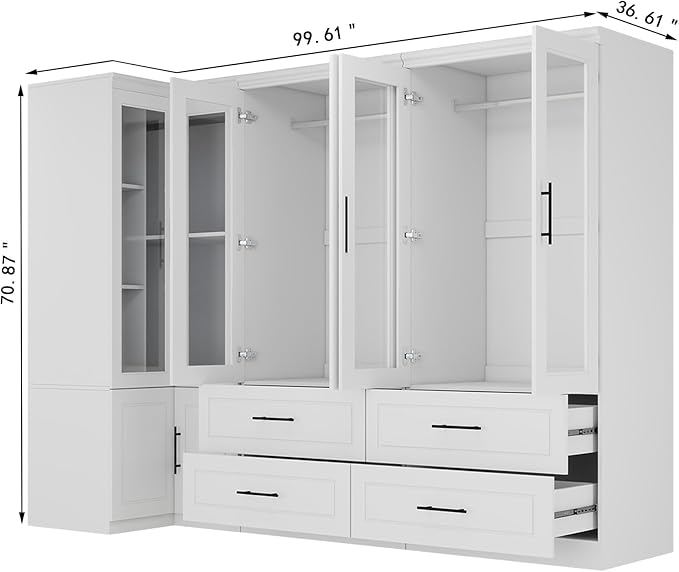 White Armoire Wardrobe Closet with 6 Door: Combination Corner Wood Wardrobe Closet Bedroom Armoire 4 Drawer with Hanging Rods for Home/Bedroom/Living Room