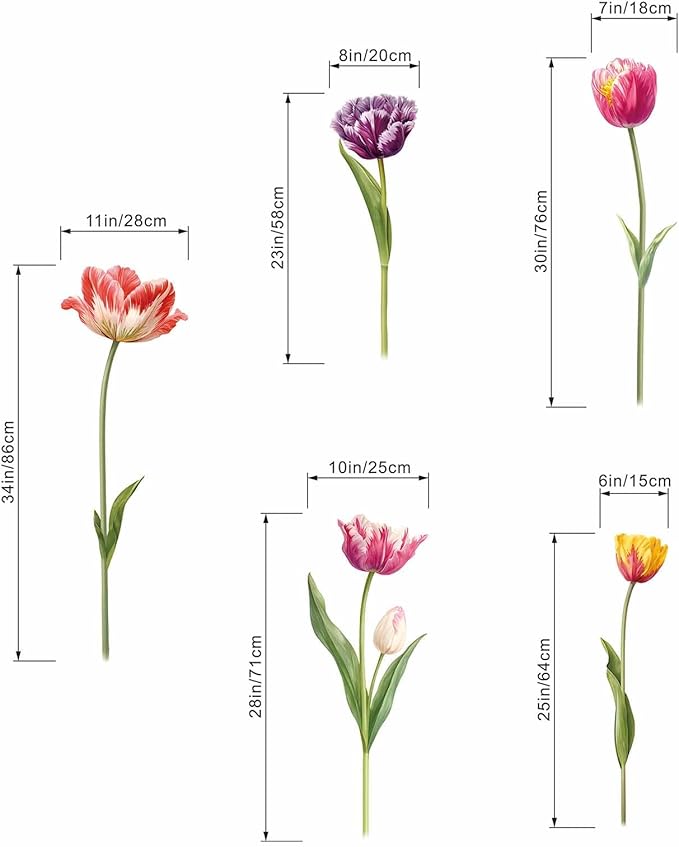 5 Large Tulip Flowers Wall Stickers - Wildflower Floral Garden Wall Stickers - Girls Bedroom Living Room Sofa TV Background Home Wall Decor