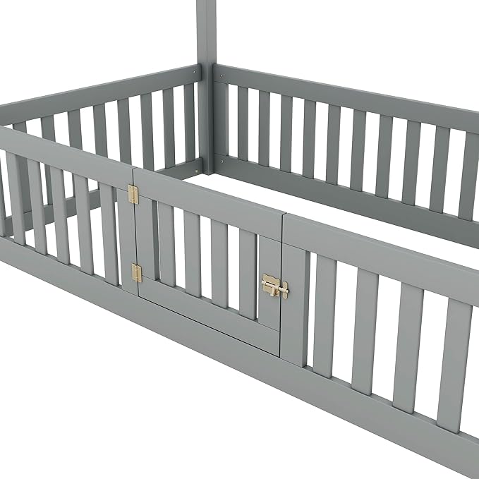 Bellemave Twin House Bed for Kids, Wooden Kids bedframe with Rails and Storage, Montessori Floor beds, Gray with Door no slats