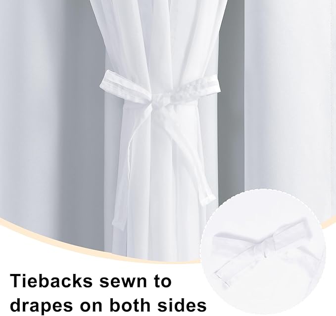 Hiasan Blackout Curtains with Sheer Overlay, Thermal Insulated Privacy Double Layer Mix & Match Grommet Window Curtains for Bedroom, Living Room, 2 Drape Panels with Tiebacks, Greyish White, 60W X 84L
