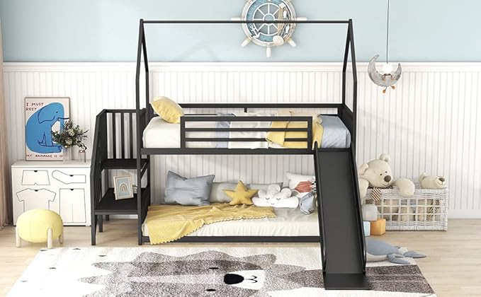 MERITLINE Metal Bunk Bed Twin Over Twin Bunk Bed Frame with Slide and Stairway,Twin Over House Bed with Guardrails