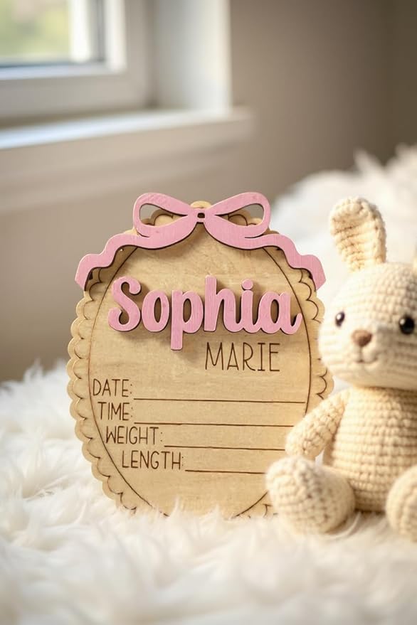 Personalized Baby Announcement Sign with Bow, Custom 3D Layered Scalloped Edge Name & Birth Stat Board for Newborn Photos (Stat Sign)