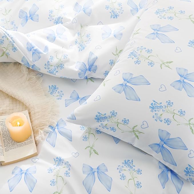 Blue Bow Duvet Cover Full 3Pcs Girls Floral Duvet Cover Set, Cute Romantic Princess Style Bowknot Bedding Set Soft Microfiber Garden Flower Bedding with 2 Pillowcases(No Comforter)