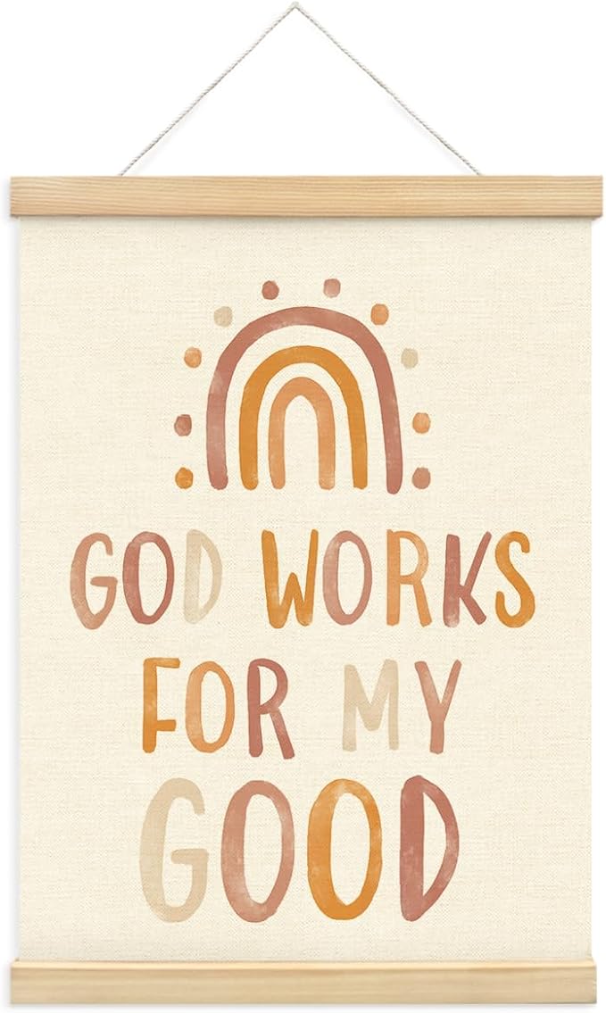 PLKMN Christian Nursery Wall Decor, God Works for My Good Wall Art with Wooden Poster Hanger, Boho Rainbow Christian Wall Decor for Nursery Kids Room Sunday School Preschool Classroom, 12x16 Inch