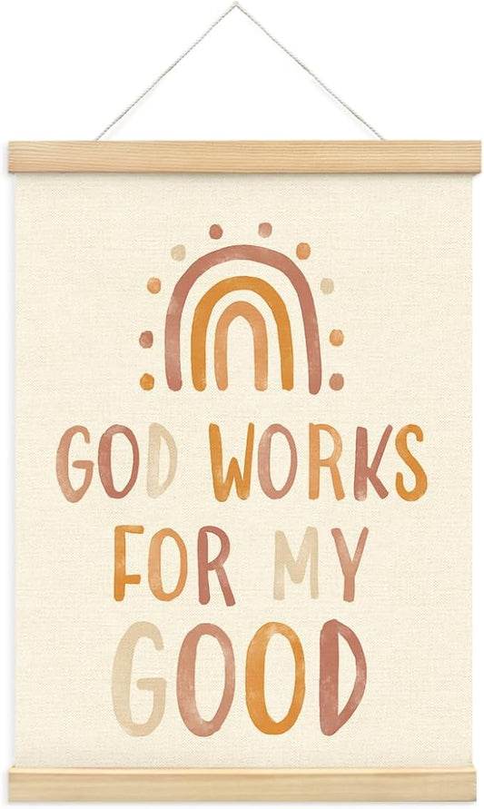 PLKMN Christian Nursery Wall Decor, God Works for My Good Wall Art with Wooden Poster Hanger, Boho Rainbow Christian Wall Decor for Nursery Kids Room Sunday School Preschool Classroom, 12x16 Inch