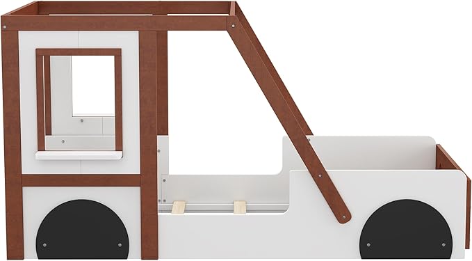 Cute Fun Play Design Twin Size Car Bed,Kids Platform Bed with Car-Shaped Headboard and 2 Windows,Solid Wood Car Bed Frame with Strong Slatted Support for Kids Teens,Can be Decorated