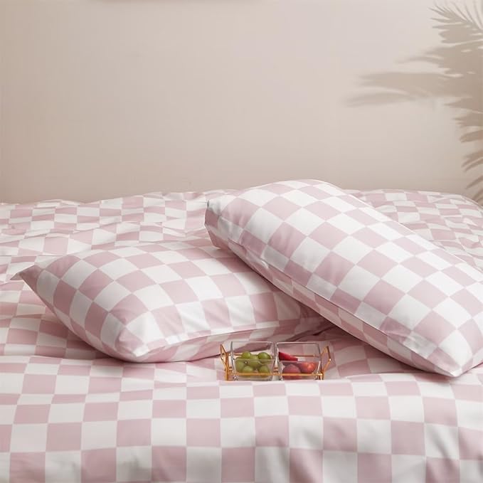 Houseri White and Pink Duvet Cover Queen Plaid Checkerboard Bedding Set - Elegant Light Pink Grid Buffalo Checkered Comforter Cover