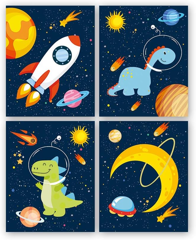 KAIRNE Dinosaur Outer Space Art Print, Solar System Planet Canvas Poster,Set of 4 (8X10inch,Unframed) Animal Astronaut Wall Art for Kid Room Decor