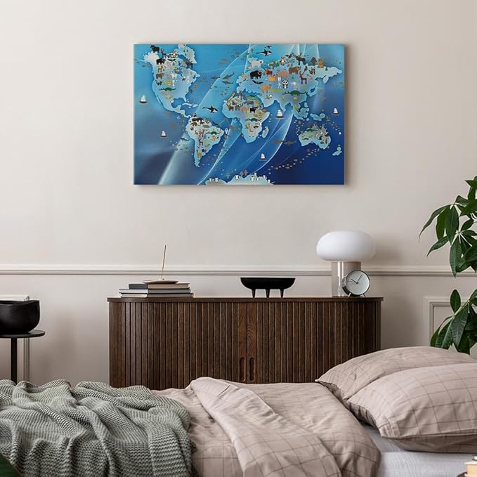 artgeist Canvas Wall Art Print World Map for Children 35x24 in - 1pcs Home Decor Framed Stretched Picture Photo Painting Artwork Image - Map Kindergarten Animals Blue k-C-0138-b-a