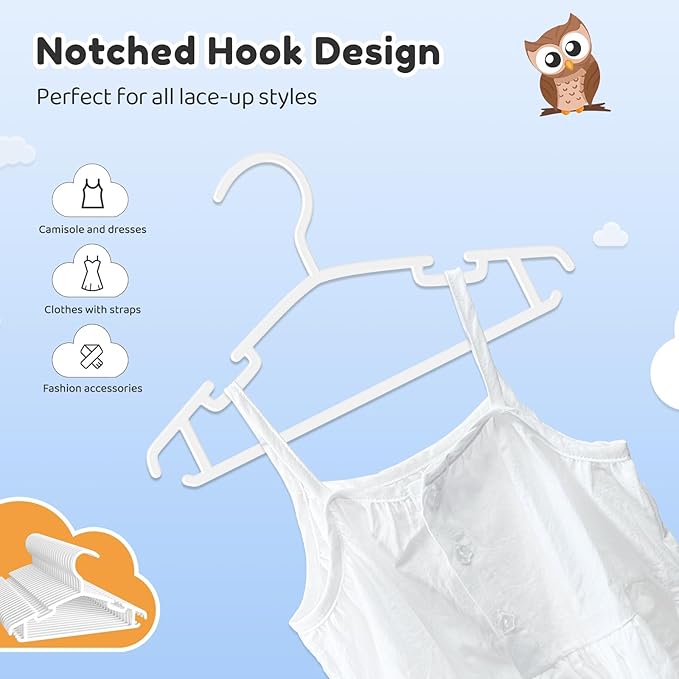 Baby Hangers 50 Pack Non-Slip Kids Plastic Hangers for Closet, Space Saving Toddler Hanger for Infant Clothing, Childrens Hanger for Child, White