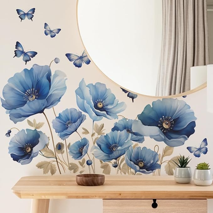 Blue Flower Wall Decals Peel and Sticker DIY Floral Butterly Wall Stcikers Murals for Girls Bedroom, Living Room, Kids Room Wall Decor