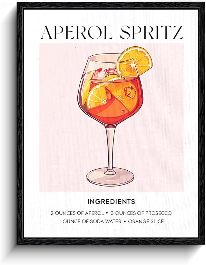 Aperol Spritz wall art, cocktail recipe list, kitchen bar wall decor, matte finish framed canvas print, cocktail bar poster, for kitchen home bar housewarming gift, 12x15 inch