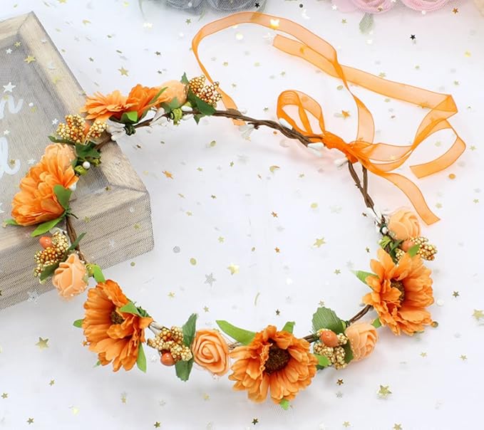 DDazzling Girls Breath Crown Flower Girl crown Floral Headband Wedding Hair Wreath Photo Props (Daisy Orange Flower)