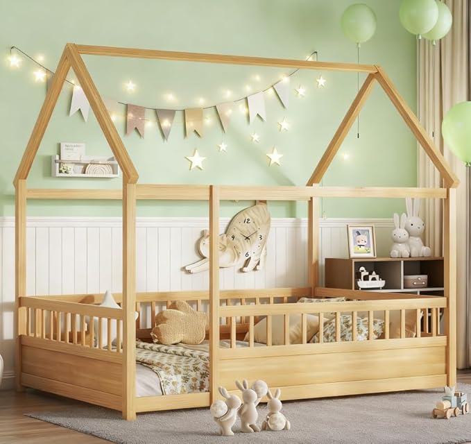 Bellemave Full House Bed for Kids, Wooden Kids bedframe with Rails and Storage, Montessori Floor beds with high guardrail Without slats, Natural