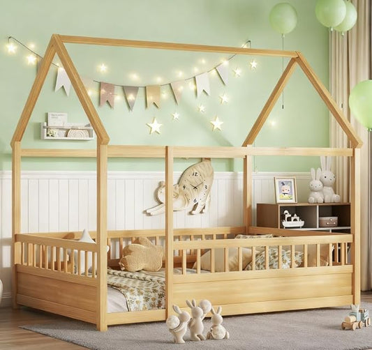 Bellemave Full House Bed for Kids, Wooden Kids bedframe with Rails and Storage, Montessori Floor beds with high guardrail Without slats, Natural