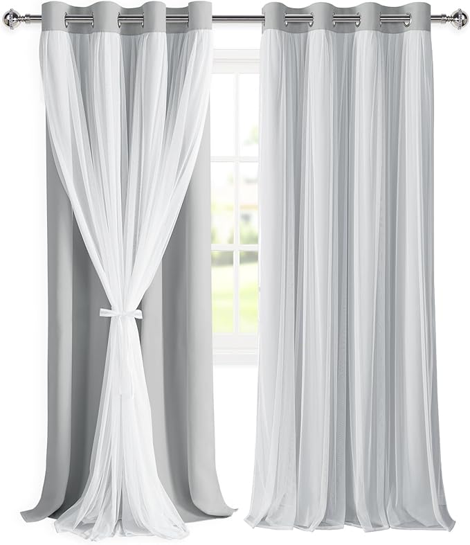 DWCN Layered Curtains for Living Room Blackout and Sheer Curtains Grommet Top Window Treatments with Sheer Overlay for Bedroom, 52 W by 96 L, Cloud Grey, 2 Pieces