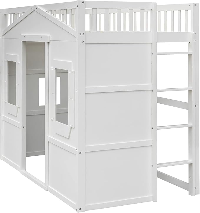Twin Size Loft Bed with Safety Guardrail for Kids Boys Girls, Playhouse Design Solid Wood Loft Bed Frame with Ladder and Windows, Strong Wood Slats Support, Space-Saving (White)