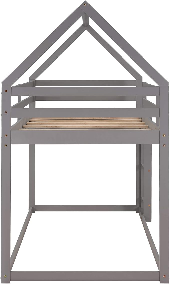 MERITLINE House Shaped Bunk Bed Twin Over Twin Size Wood Bunk Bed Frame Low Bunk Beds for Kids and Toddlers, Twin Size,Grey