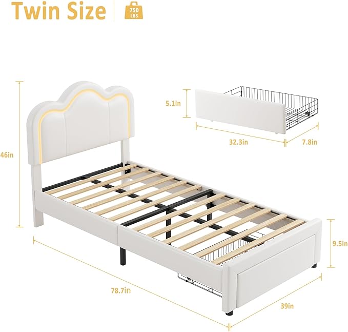 GarveeHome Twin Upholstered LED Bed Frame with Headboard, Faux Leather Princess Platform Bed Fram for Kids, Wooden Slats Support, No Box Spring Needed (Cream with Drawer, Twin)