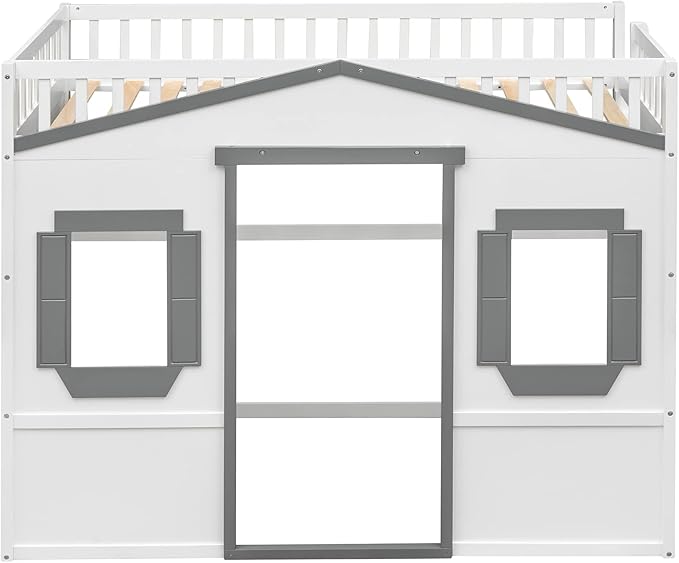 Twin Size Loft Bed with Safety Guardrail for Kids Boys Girls, Playhouse Design Solid Wood Loft Bed Frame with Ladder and Windows, Strong Wood Slats Support, Space-Saving (White+g Twin)