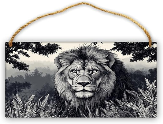 Monochrome Lion in forests wood door sign wall decor home decor signs 12x6 Inch,Rustic Wood Wall Art for Bedroom,Entryway,Kitchen,Nursery,Perfect Farmhouse Wall Decor for Animal & Art Lover