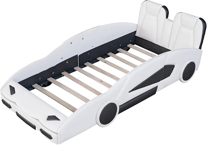 Twin Size Race Car-Shaped Platform Bed Bedframe with Wheels, 89" L x 43.75" W x 27" H White