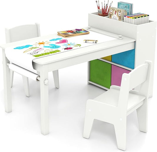 Costzon Kids Table and Chairs, 3 in 1 Wooden Art Drawing Desk Set w/ 4 Fabric Bins, Multiple Open Storage Compartments & a Paper Roll, Toddler Table and Chair Set for Children Playroom(White)