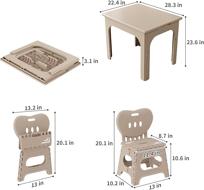 UNICOO® Kids Foldable & Height Adjustable Table Set w/2 Folding Chairs, Compact, Collapsible & Portable, Toddler Activity, Picnic Table, Card Table, Indoor/Outdoor (699) (Khaki)