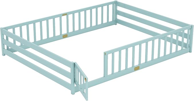 KOMFOTT Queen Size Wood Floor Bed with Door & Fence, Montessori Bed Frame with Full Length Safety Guardrails, Door & Latch, Wooden Montessori Floor Bed for Kids, Girls, Boys (Queen,Green)