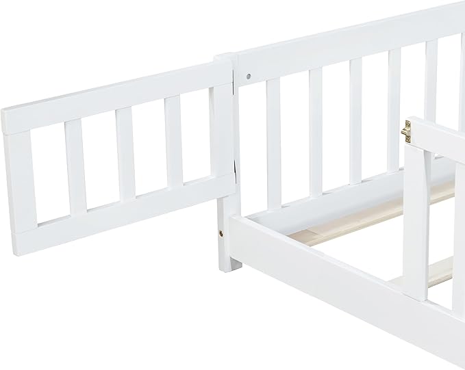 Twin Size Floor Bed for Kids, Wood Montessori Floor Beds with Fence Railings, Door & Slats Support, Twin Playhouse Bed Frame for Boys Girls, No Box Spring Needed, White