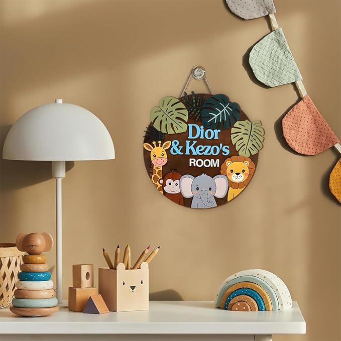 Jungle Theme Wooden Name Sign | Personalized Door Hanger for Nursery Wall Art, Bedroom Decoration, and Playroom Wooden Wall Décor
