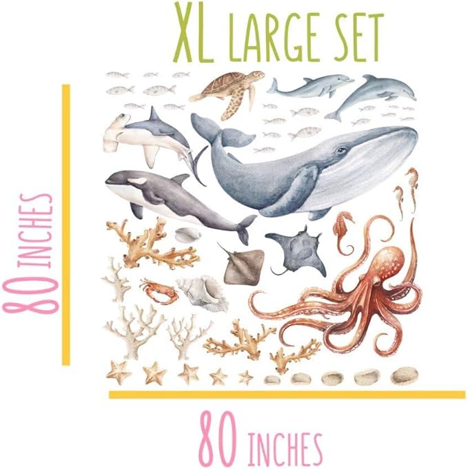 Ocean Wall Stickers & Shark Decals – Fish Stickers and Ocean Wall Stickers for Nursery Baby Kids Bedroom Bathroom, X-Large Set(80″ W × 80″ H) 50 Pcs