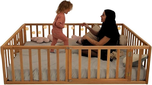 Montessori Floor Bed with 21.7" High Railings, Made in Europe from Alder Wood, 7 Colors Kids Bed Frame for Toddler Bedroom, 5 Sizes Toddler Beds for Boys and Girls, Water Based Paint (Model 19)