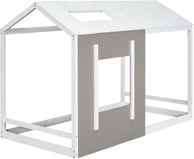 Twin Size House Platform Bed with Roof and Window,Modern Bedroom Wood Bed Frame W/No Box Spring Required,Easy to Install,for Girl Boy Kid,White+Antique Grey