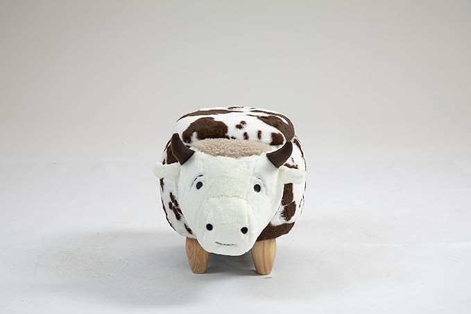 Home 2 Office Fun Happy Cow Ottoman with Storage for Kids' Bedroom, Playroom, Nursery or Recreation Room Decor, Soft Animal-Shaped Toddler Furniture with Wooden Legs