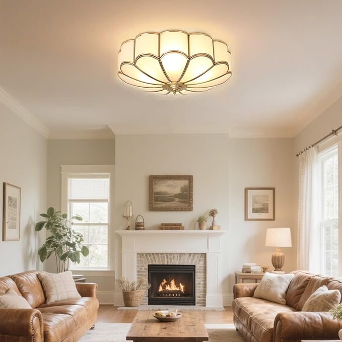 MIXL- Mid Century Brass Flush Mount Ceiling Light,LED Antique Brass Light Fixture, Modern Frosted Glass Ceiling Lamps for Living Room, Close to Ceiling Light Decorative for Bedroom(13.77" W)