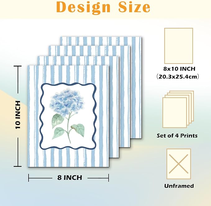 JINYO Retro Blue Hydrangea Floral Wall Art Prints Set of 4, Floral Room Decor, Rustic Blue and White Striped Botanical Flower Posters Pictures Wall Decor for Home Bedroom, 8x10 Unframed