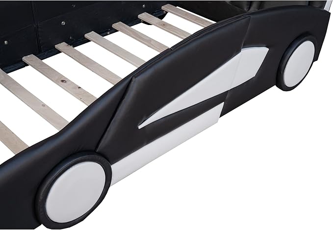 Ball & Cast Twin Size Race Car Shaped Platform Bed with Wheels,Wood Low Floor Bed Frame w/Rails & Headboard,Slat Support,No Box Spring Needed,for Apartment,Dorm,Black