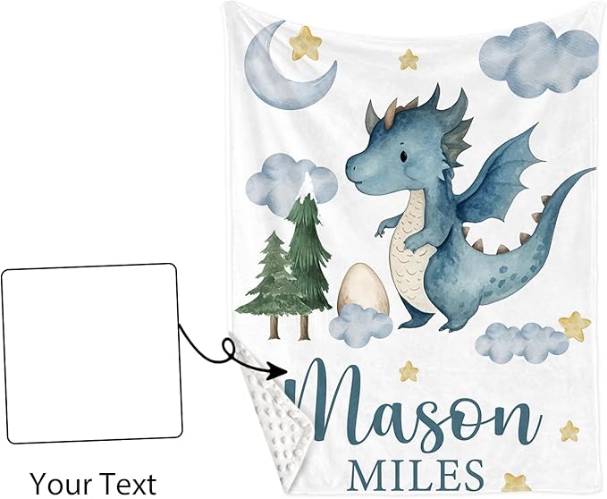 Custom Baby Crib Bedding Set - Blue Dinosaur Design Personalized Name Baby Nursery Bedding 3 Pcs Set - Chic Soft Blanket, Fitted Sheet, Room Rug for Newborns Boys Girls Gifts