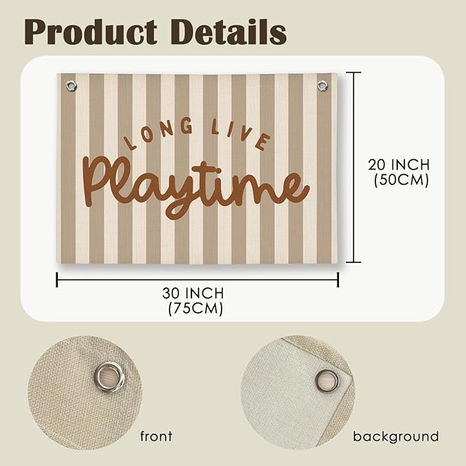 Playroom Decor, Long Live Playtime Wall Hanging Linen Banner, Blue Striped Wall Flag for Kids Room Nursery Playroom Decor, 20x30 Inch-Brown