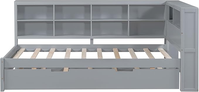 Harper & Bright Designs Twin Size Daybed with Trundle and Charging Station, Wooden Twin Storage Bed Frame with L-Shaped Bookcases, Twin Platform Bed with Shelves for Kids Girls Boys, Gray