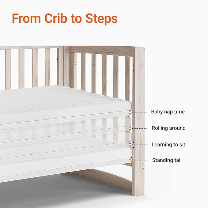 MAMAZING EvoNest Baby Crib, 11 in 1 Convertible Crib with Wheels, 100% New Zealand Wood Growing Bed, 4 Adjustable Mattress Height,Washed Natural