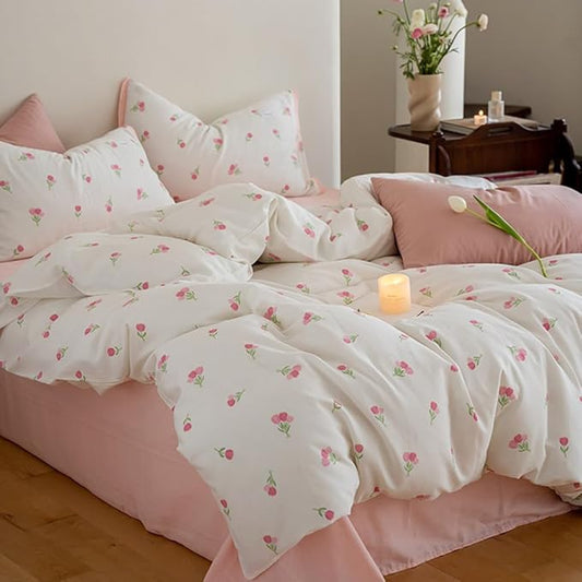 Nayoroom Pink Floral Comforter Set Queen Size Coquette Tulip Printed on White Comforter 3 Pcs Kids Girls Soft Lightweight Cute Bedding Set for All Seasons (1 Comforter, 2 Pillow Shams)