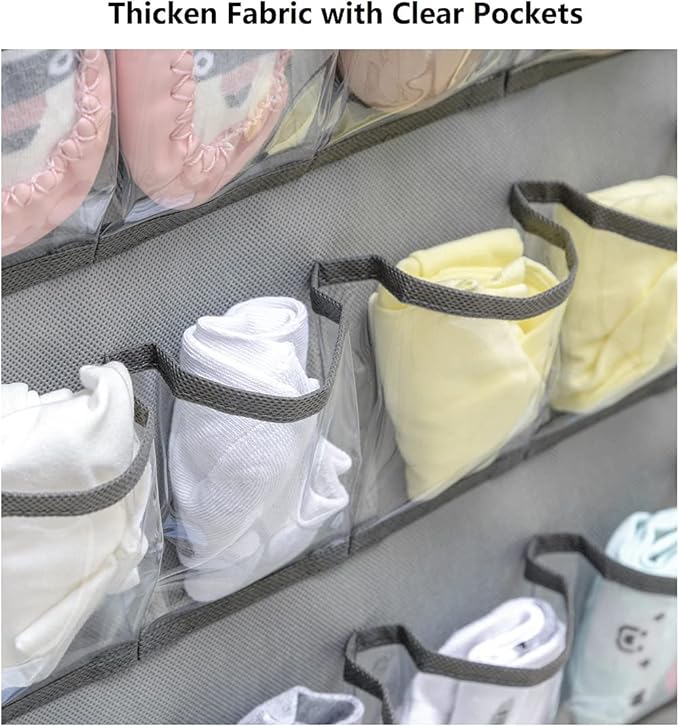 Hanging Baby Shoes Organizer Baby Headband Holder Closet Organizer for Baby Bow Socks Underwear with 30 Clear Pockets (GREY)