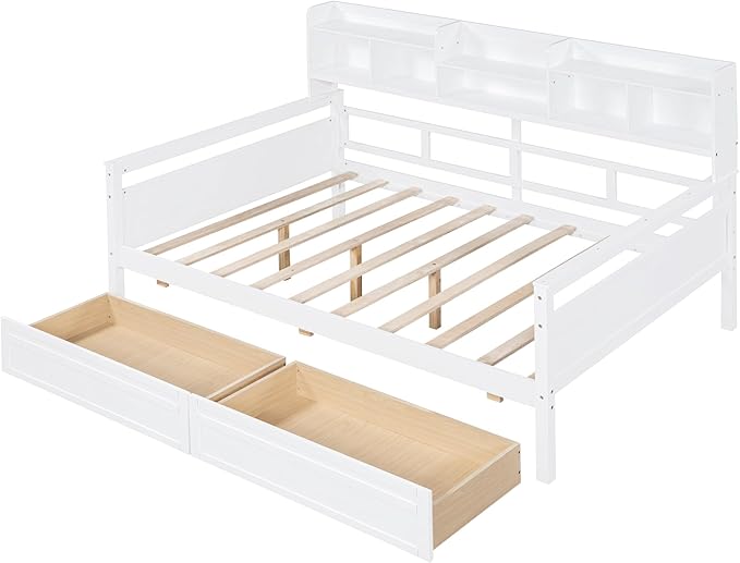 Harper & Bright Designs Full Daybed with Storage, Wooden Full Size Bed Frame with Bookcase Headboard and 2 Drawers, Full Sofa Bed with Shelves for Living Room Bedroom, No Box Spring Need, White